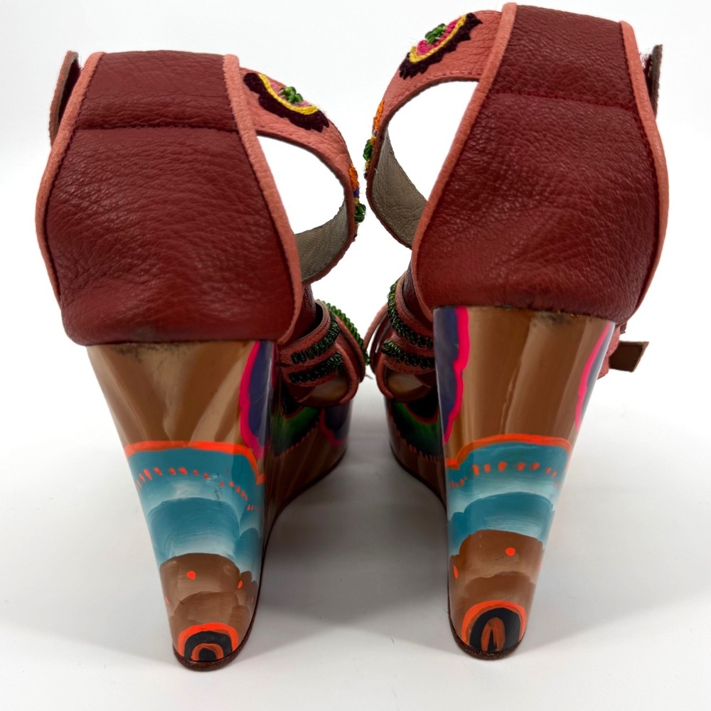 Meher Kakalia EU 40 Hand Painted Platform Wedge Sandals Embroidered Leather Boho - Picture 5 of 9